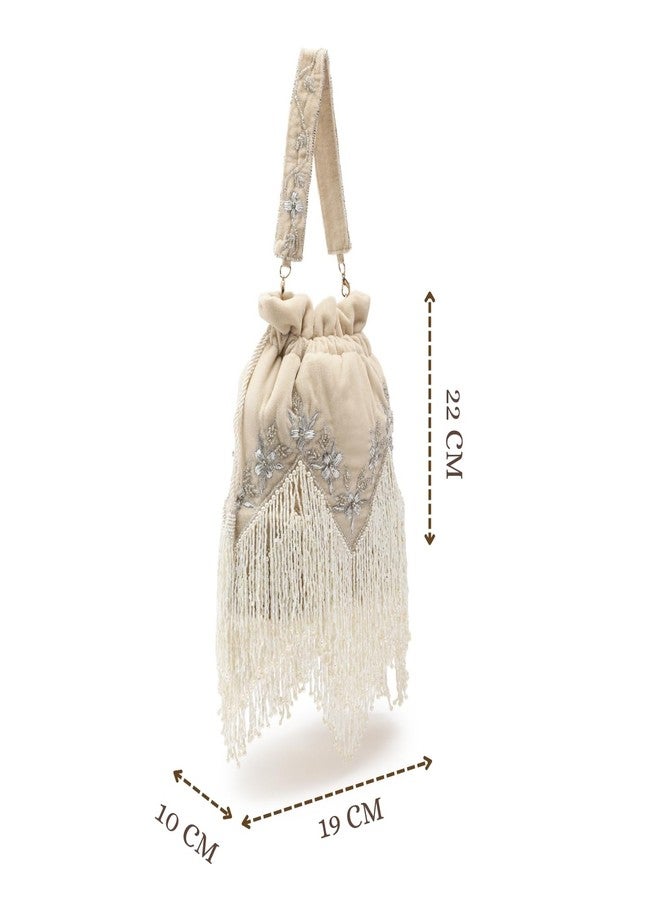 Anekaant Dewdrop Fringe Ecru Velvet Potli for Women | Floral Zari Embroidered Drawstring Bag with Statement Fringe Detailing - Image 5